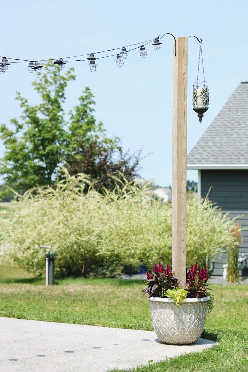 backyard string lights potted plant base