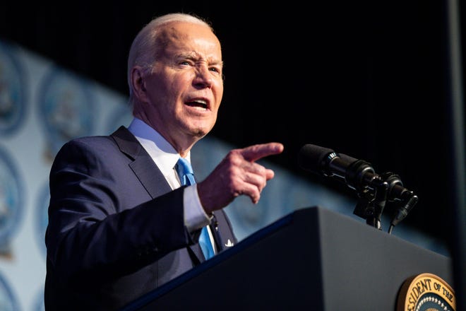 President Joe Biden speaks during the 69th annual Fight for Freedom Fund Dinner at Huntington Place in Detroit on Sunday, May 19, 2024.